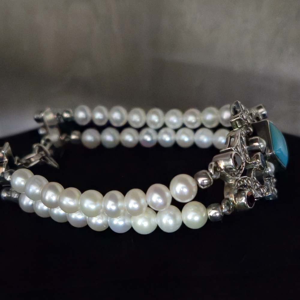 Nicky Butler 925 Sterling Silver Turquoise Pearl Garnet Topaz Designer Bracelet - Picture 15 of 16